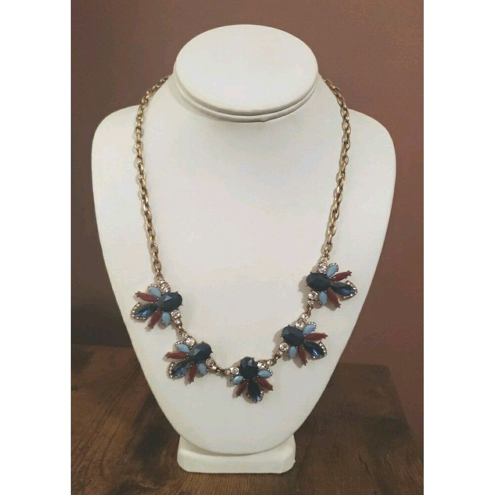 J. Crew Burgundy Navy Blue Rhinestone Statement Necklace Gold Tone Lobster Clasp